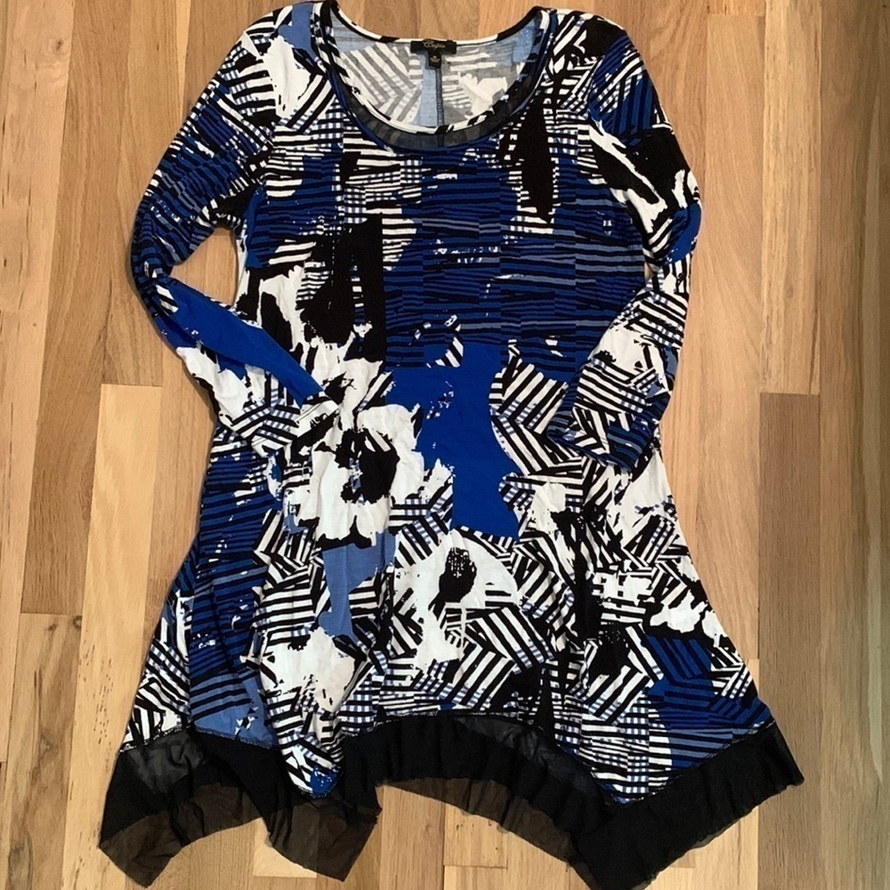 CUPIO 3/4 Sleeve Abstract Patterned Tunic Blue/BlackWhite w/ Mesh Trim Women’s M